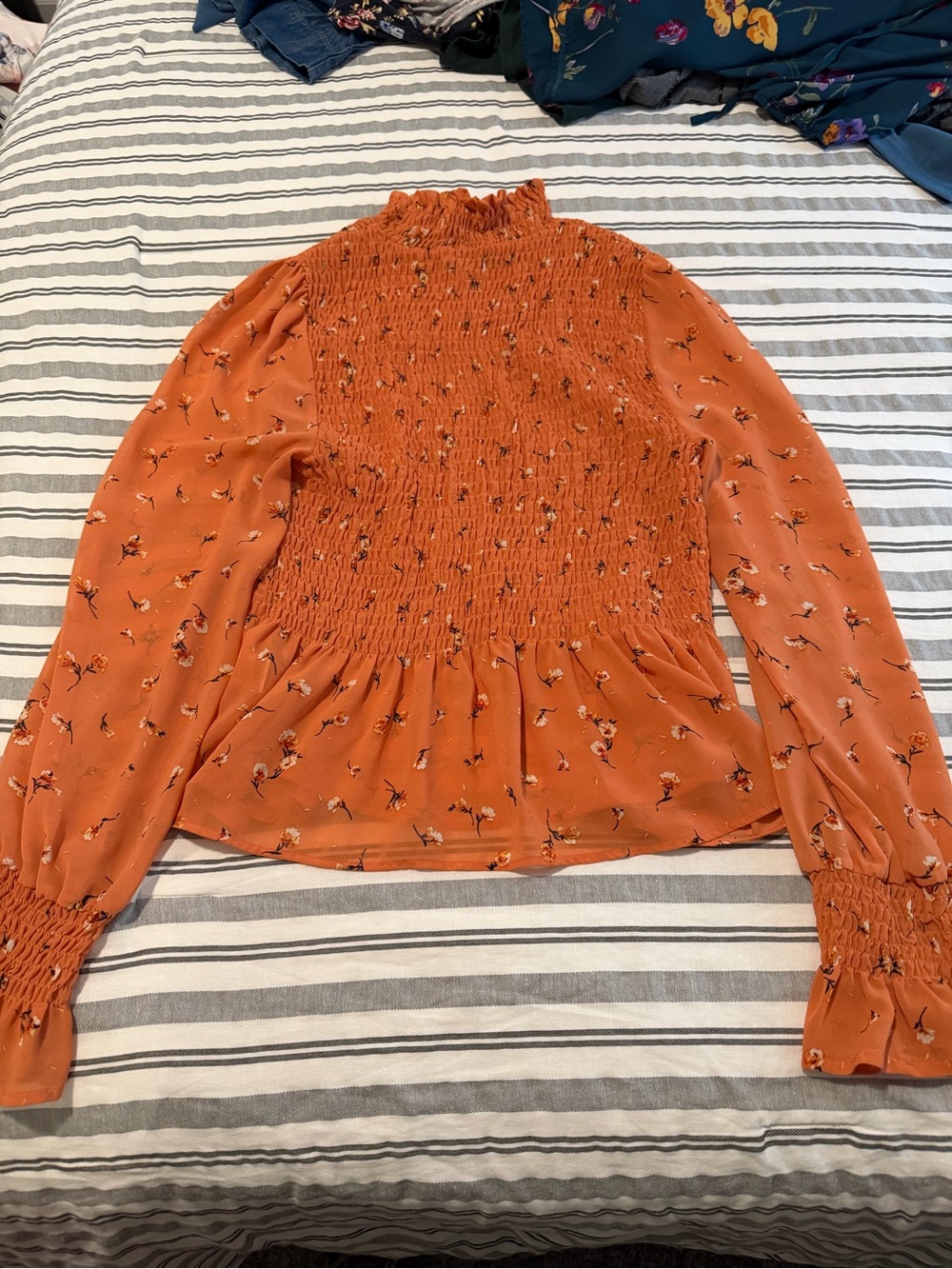 Smocked Sheer High-Neck Floral Blouse - Orange
